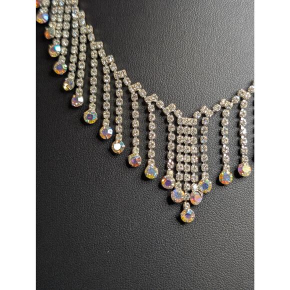 Rhinestone AB Crystal Fringe Dangle Silver Tone 17"-18" Necklace - Picture 8 of 10